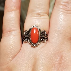 2/$20 Silver Filigree Ring w/Red Stone